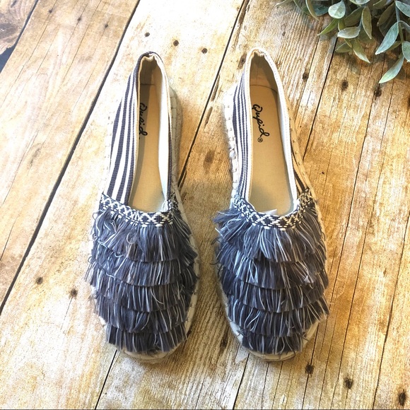 New! Boho Espadrille Slip On Blue & Ivory Stripes - Picture 2 of 8